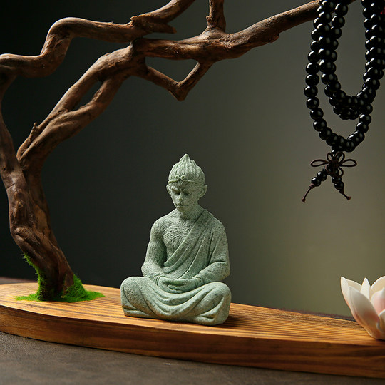 天然实木根雕摆件创意家居客厅装饰工艺品风化木树根禅意悟空底座