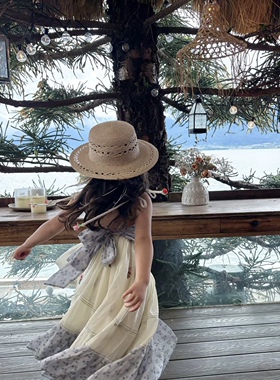 法式拉菲草帽儿童手工编织平顶帽子女夏防晒镂空度假海边遮阳帽