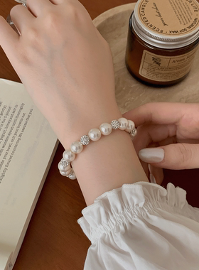 施家正圆粉紫曼塔玫瑰珍珠手链女