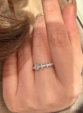 清冷感银色拉丝转运环闪钻戒指女