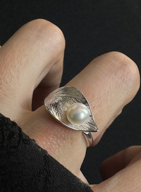 S925纯银清冷感银叶珍珠戒指小众