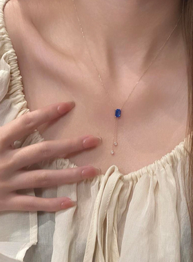 S925纯银金色极细蓝宝石流苏项链