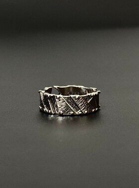 S925纯银极简几何雕刻纹理戒指女