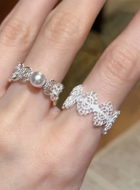 S925纯银满钻花纹珍珠戒指女新款