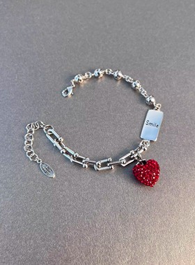 S925银韩系红闪钻小熊吊牌手链