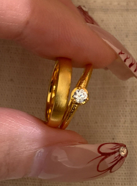 S925银古法拉丝金色单钻素圈戒指