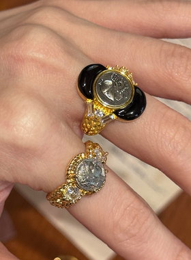 S925纯银复古微镶锆石人像戒指女