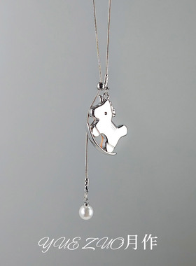 S925纯银木质小马珍珠吊坠项链女