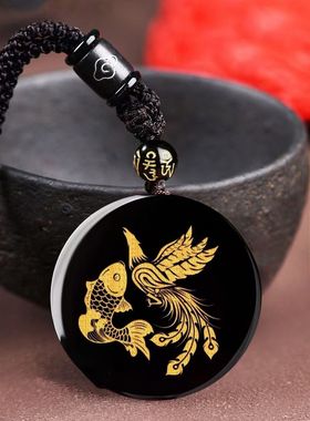 淘运灵阁凤鲤添禄吉祥宏吊坠属鸡人吉祥佩戴物2026马年黑曜石项链