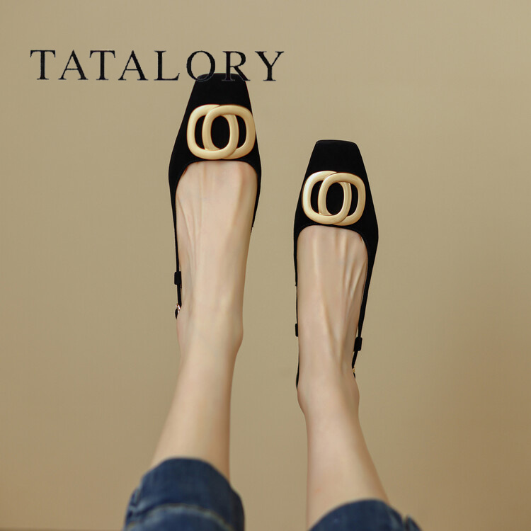 TATA LORY女鞋复古粗跟高跟包头凉鞋金属扣方头气质浅口单鞋后空 - 图3