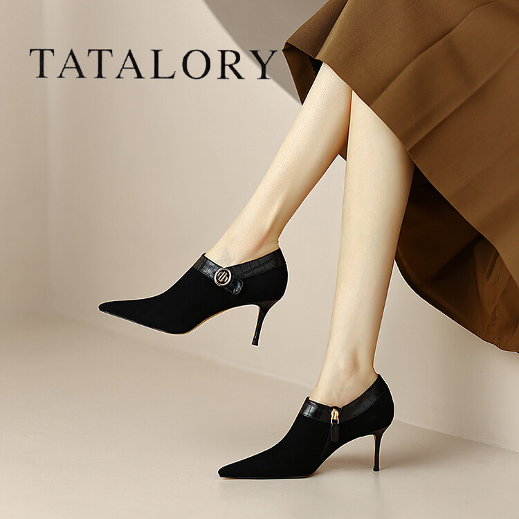 TATA LORY女鞋时尚尖头高跟鞋女鞋深口单鞋细跟真皮法式气质短靴