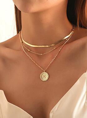 Vintage Bohemia Gold Coin letter Layered Chain Necklace For