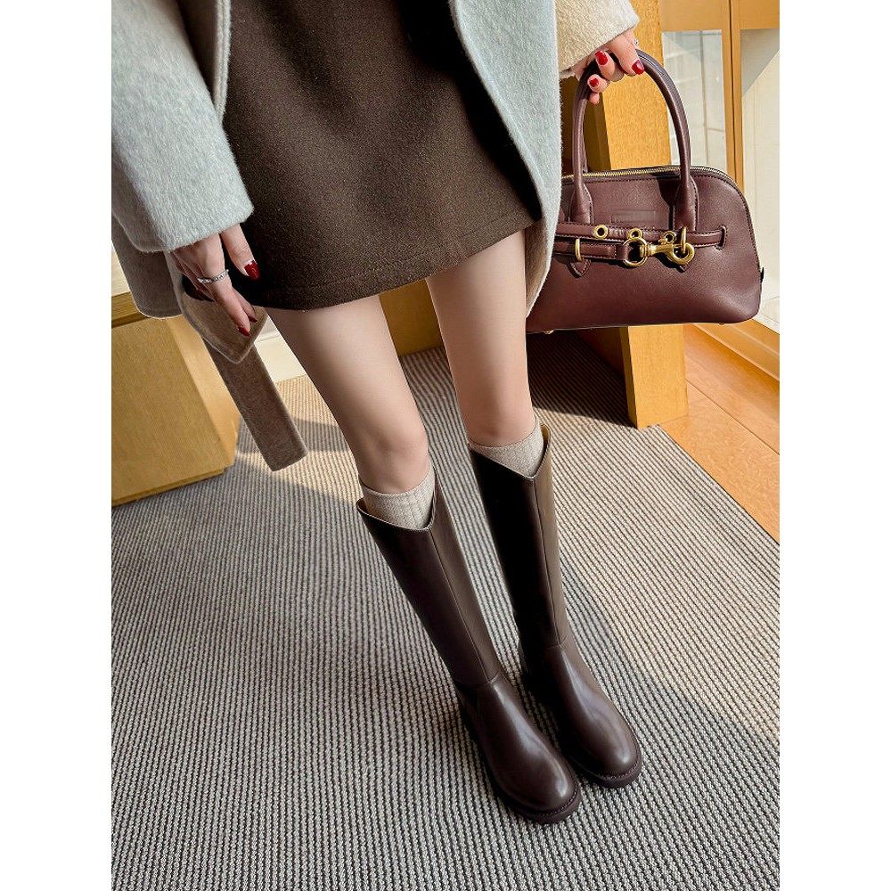 ins暴走不累！巨显瘦~真皮V口靴子女长筒靴中跟软底不过膝骑士靴,淘宝优惠券,粉丝福利购,淘宝优惠卷