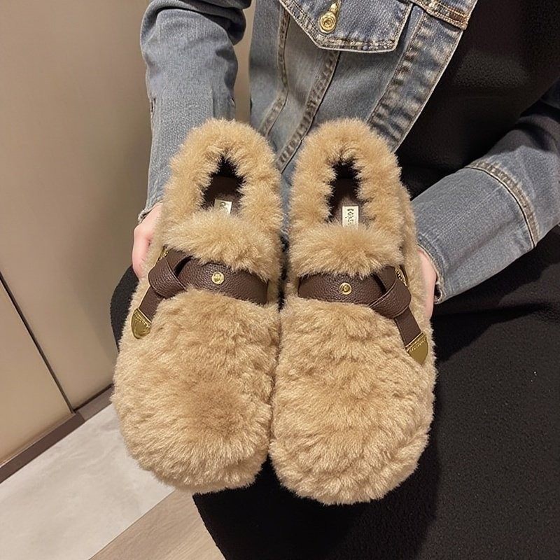 英国厚底羊羔绒毛毛鞋女冬季2025新款超火一脚蹬棕色加绒豆豆棉鞋,淘宝优惠券,粉丝福利购,淘宝优惠卷