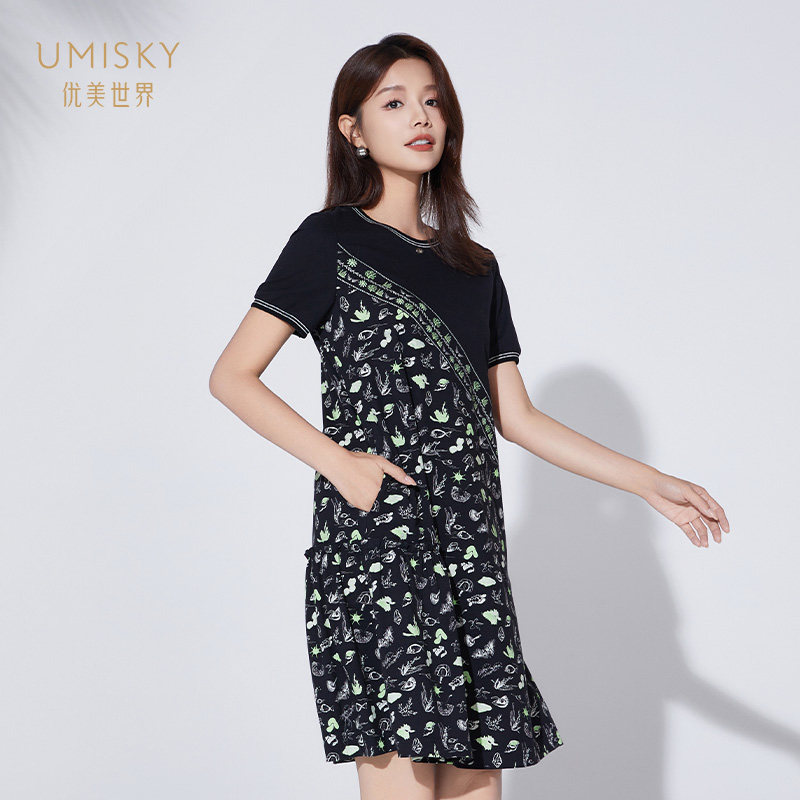 umisky优美世界商场同款夏季复古珠地印花小个子连衣裙SK2D3028,淘宝优惠券,粉丝福利购,淘宝优惠卷