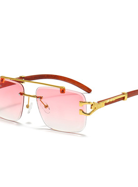 欧美新款无框太阳眼镜女sunglasses双梁方形木纹豹子头墨镜男