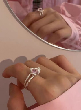 粉色钻石戒指女爱心排钻宝石高级感日式轻奢欧泊月光石