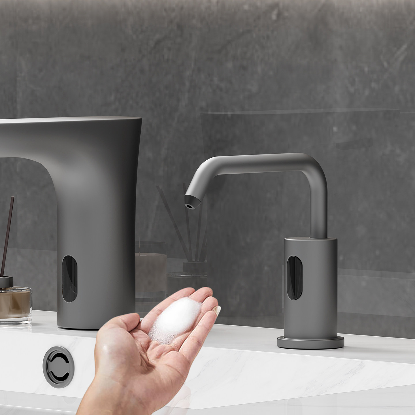 枪灰洗手池台面水龙头式感应皂液器卫生间台盆自动泡沫洗手液机器,淘宝优惠券,粉丝福利购,淘宝优惠卷