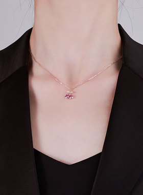 大福925通体纯银甜美樱桃吊坠玫瑰金粉色莫桑石项链简约百搭夏锁