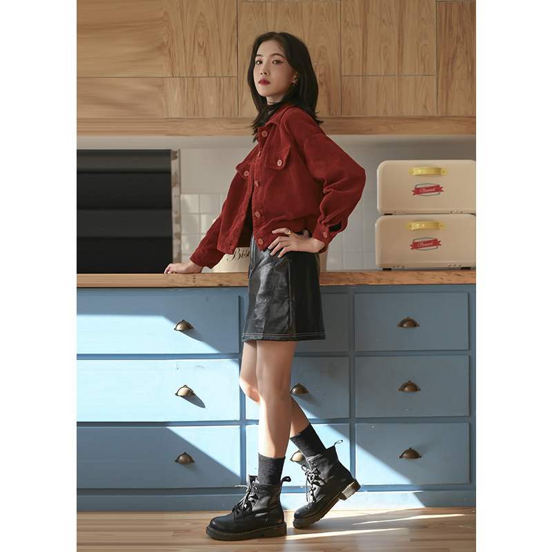 春秋百搭红色灯芯绒短款外套秋新款 承兔短外套