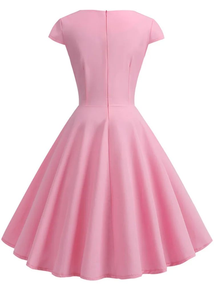 Pink Summer Dress Women V Neck Vintage Robe Elegant Retro - 图0