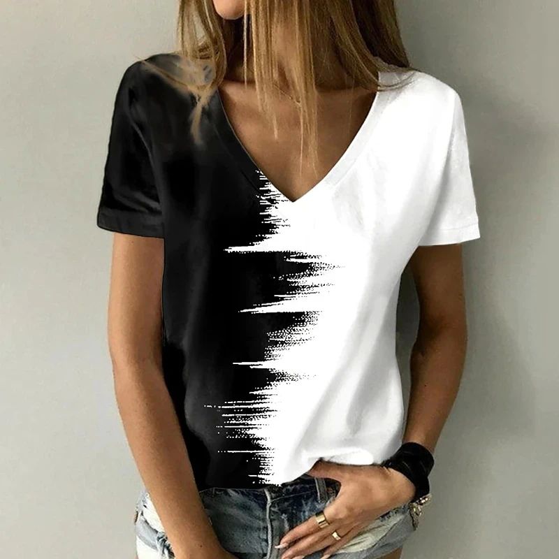 Summer V-Neck T-Shirt Loose Comfortable Print Shirt Simple - 图1