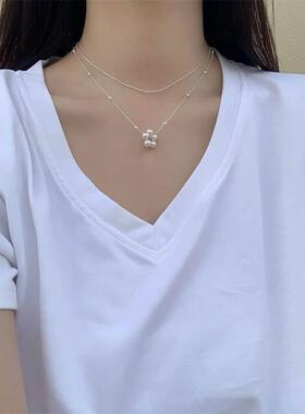 韩系简约叠戴曼塔玫瑰花朵锁骨链银色小狗少女爱心项链双层颈链