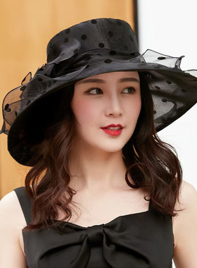 帽子女夏大沿纱帽圆点花卉欧根纱欧美防晒帽卷边时尚遮阳帽