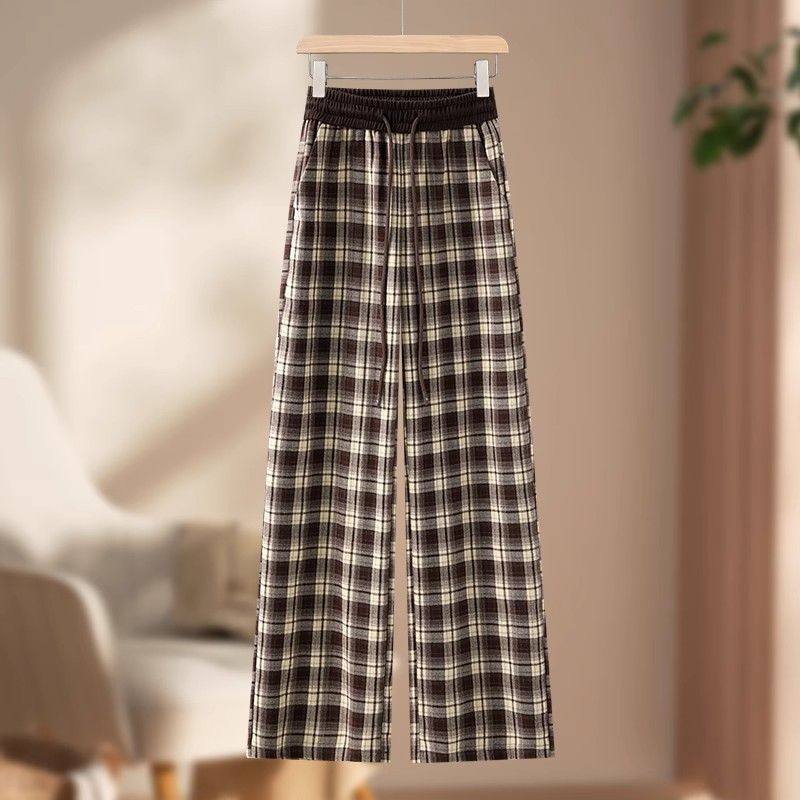 清仓捡漏2026春秋冬新款复古格子阔腿裤女拼接高腰休闲直筒运动裤,淘宝优惠券,粉丝福利购,淘宝优惠卷