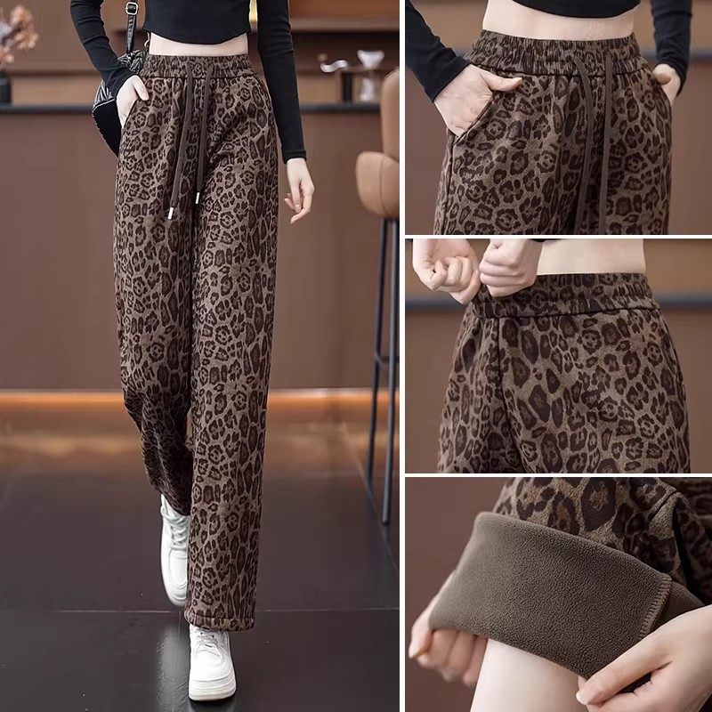 清仓捡漏豹纹休闲卫裤阔腿女裤秋冬款加绒加厚抽绳松紧腰直筒裤子,淘宝优惠券,粉丝福利购,淘宝优惠卷
