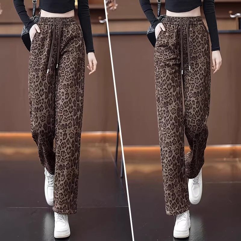 清仓捡漏豹纹休闲卫裤阔腿女裤秋冬款加绒加厚抽绳松紧腰直筒裤子,淘宝优惠券,粉丝福利购,淘宝优惠卷