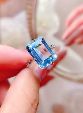 新款天然瑞士蓝托帕石戒指长方形活口纯银戒指简约大气生日礼物