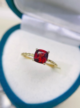 天然石榴石戒指高净度火彩爆闪麻花臂宝石6mm925银镀黄金精工镶嵌