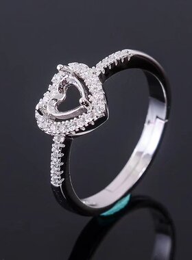 纯银心形电镀白金戒指空托定制