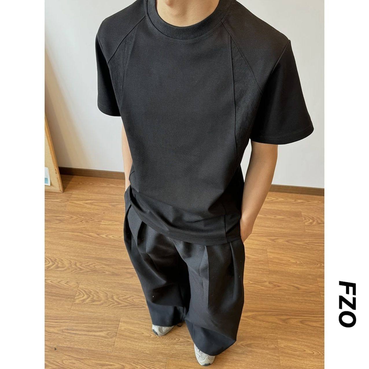 夏季重磅300G纯棉正肩男美式复古小领口螺纹拼接短袖T恤百搭,淘宝优惠券,粉丝福利购,淘宝优惠卷