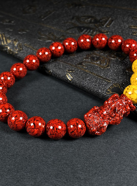 原矿朱砂透光晶体砂三颗雄黄貔貅手链手串男女本命年烫金手链代发
