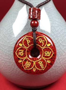 原矿朱砂晶体砂六字真言莲花平安扣吊坠烫金晶体项链吊坠批发代发