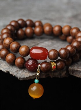 降龙六道木佛珠原创经典搭配红玛瑙回纹珠古法金隔片双圈手串手链