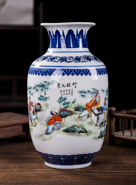 景德镇青花五彩陶瓷花瓶 家居客厅中式瓷器摆件 玄关软装工艺品