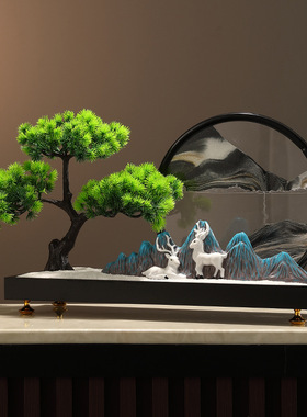 新中式禅意迎客松流沙画电视柜玄关办公室微景观摆件软装沙漏装饰