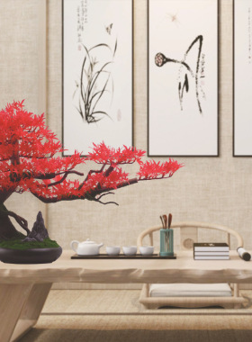 仿真红枫叶盆景客厅禅意办公室家居玄关新年招财喜庆红色招财摆件