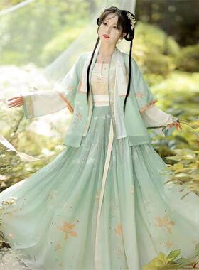 送扇子汉服女宋制褙子汉素对襟一片式齐腰齐胸襦裙夏四件套日常春