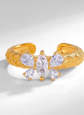 S925银渡18K金PT950铂金时尚蝴蝶麦穗戒指女意大利拉丝工艺轻奢