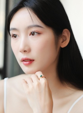 孔雀石弯月几何形戒指女式复古风圆形S925银渡18K金PT950铂金戒指