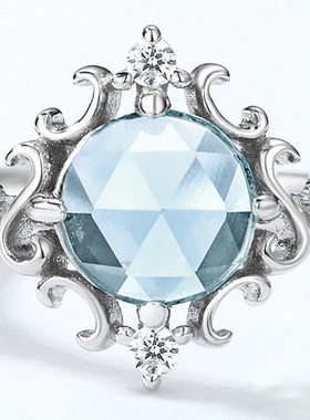 花冠天空蓝托帕石S925银渡18K金PT950铂金戒指新款复古花卉指环