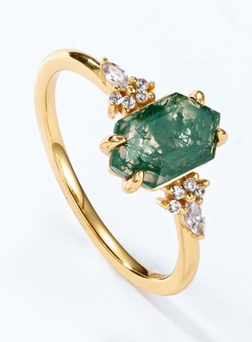 独特绿苔藓石叠戴戒指S925银渡18K金PT950铂金几何水草玛瑙组合戒