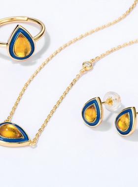 轻奢珠宝复古滴油水滴型镶天然琥珀戒指女S925银渡18K金PT950铂金