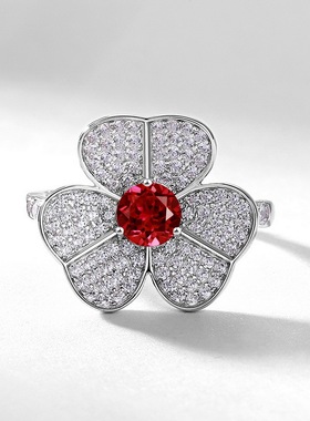 S925银渡18K金PT950铂金韩国简约风三花朵祖母绿戒指女开口可调节