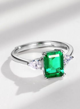 简约公主方培育祖母绿时尚宝石戒指S925银渡18K金PT950铂金戒指