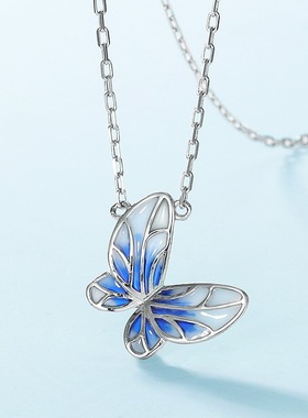 蓝色空窗珐琅蝴蝶项链女时尚气质S925银渡18K金PT950铂金项链小众